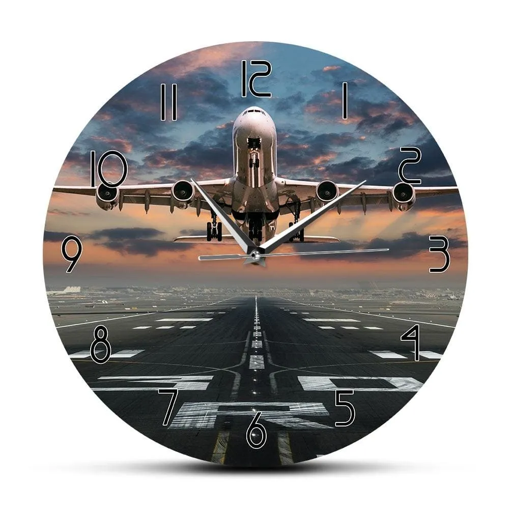 Airplane Taking off Aviation Pilot Wall Clock Sunset Airplane Lawn Airport