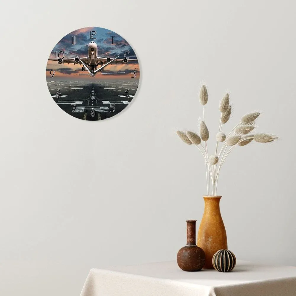 Airplane Taking off Aviation Pilot Wall Clock Sunset Airplane Lawn Airport