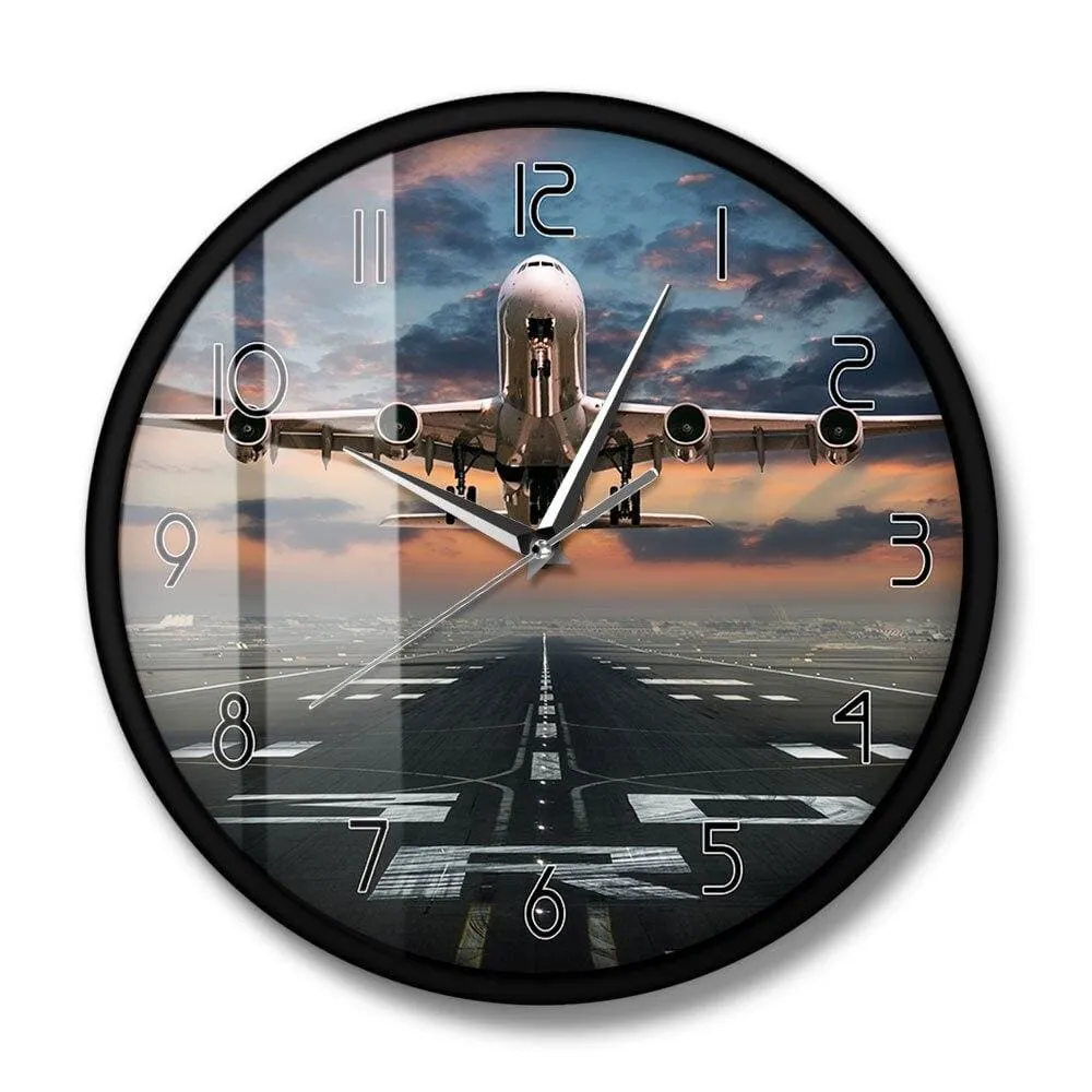 Airplane Taking off Aviation Pilot Wall Clock Sunset Airplane Lawn Airport