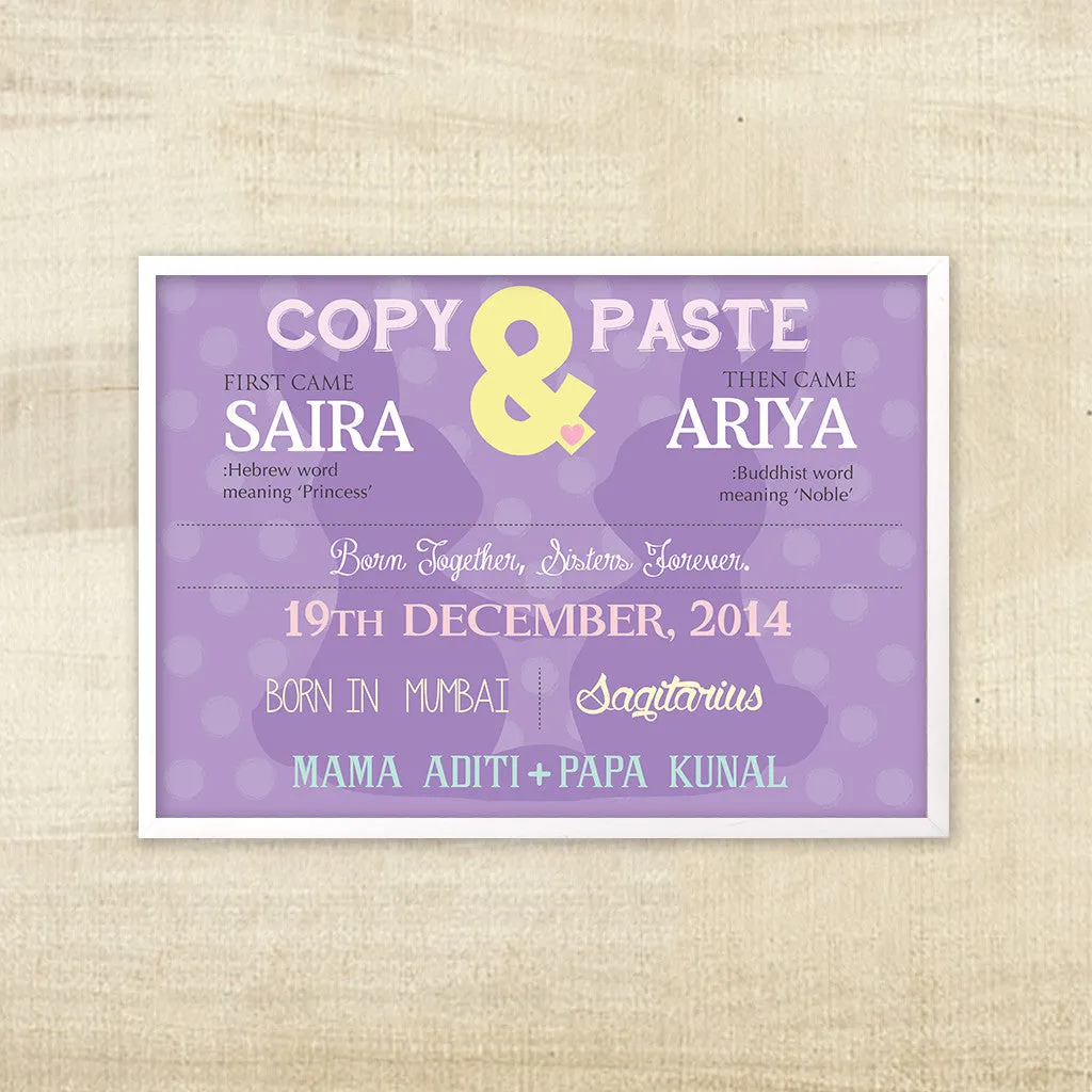 Birth Statistics Frame for Twin Girls <br> Copy & Paste