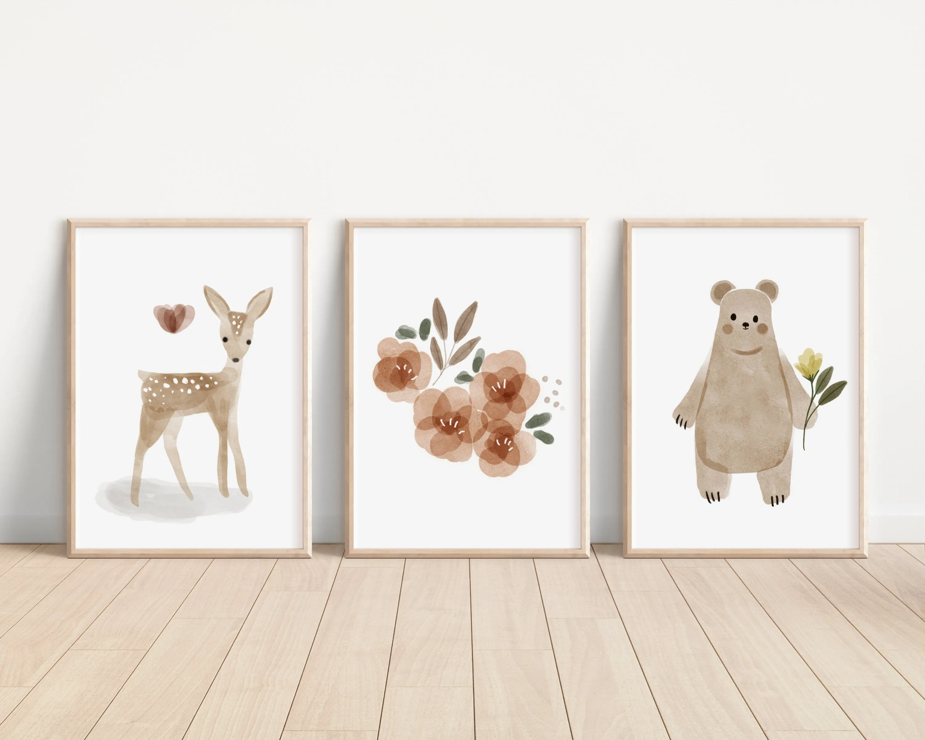 Boho Woodland Floral Animal Set of 3 Nursery Art Prints, Floral Nursery Wall Art, Neutral Nursery Decor, Play Room, Girl Baby Room Ideas,002