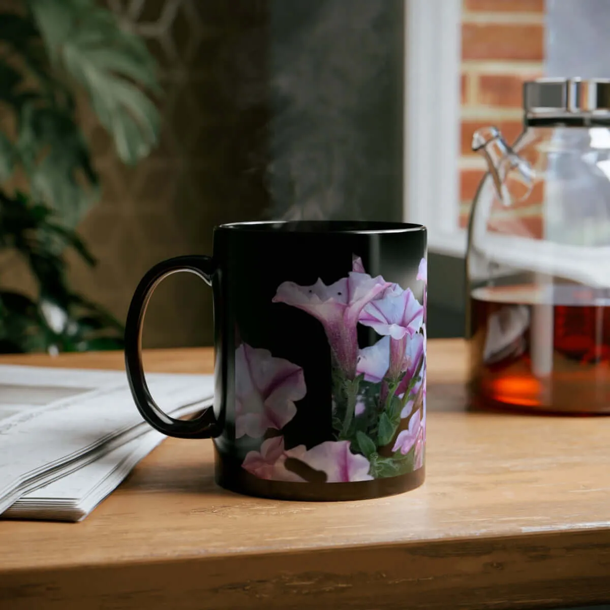 Ceramic Glossy Mug Petunias Design (black) 11oz.