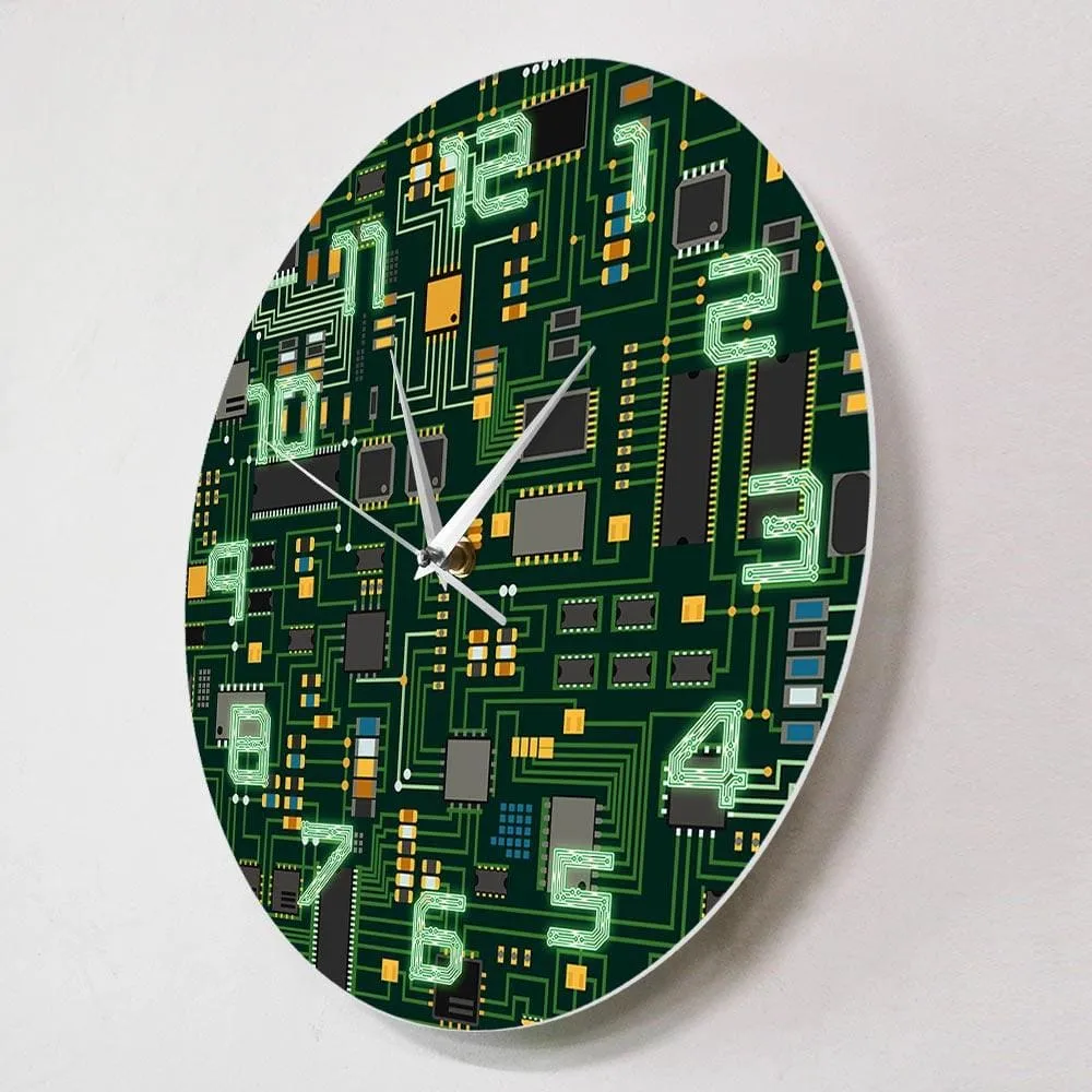 Computer Electronic Chip Circuit Board Geeky Wall Clock Green Pc Circuit Board