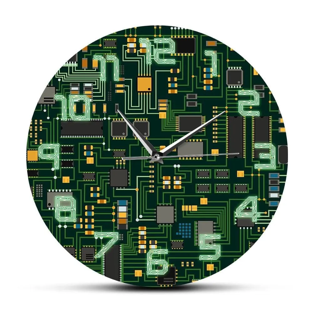 Computer Electronic Chip Circuit Board Geeky Wall Clock Green Pc Circuit Board