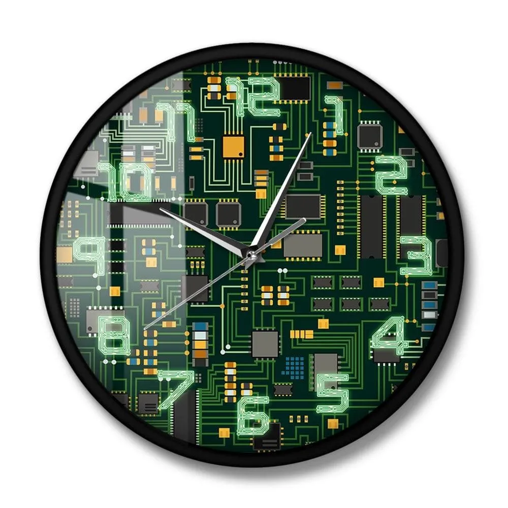 Computer Electronic Chip Circuit Board Geeky Wall Clock Green Pc Circuit Board