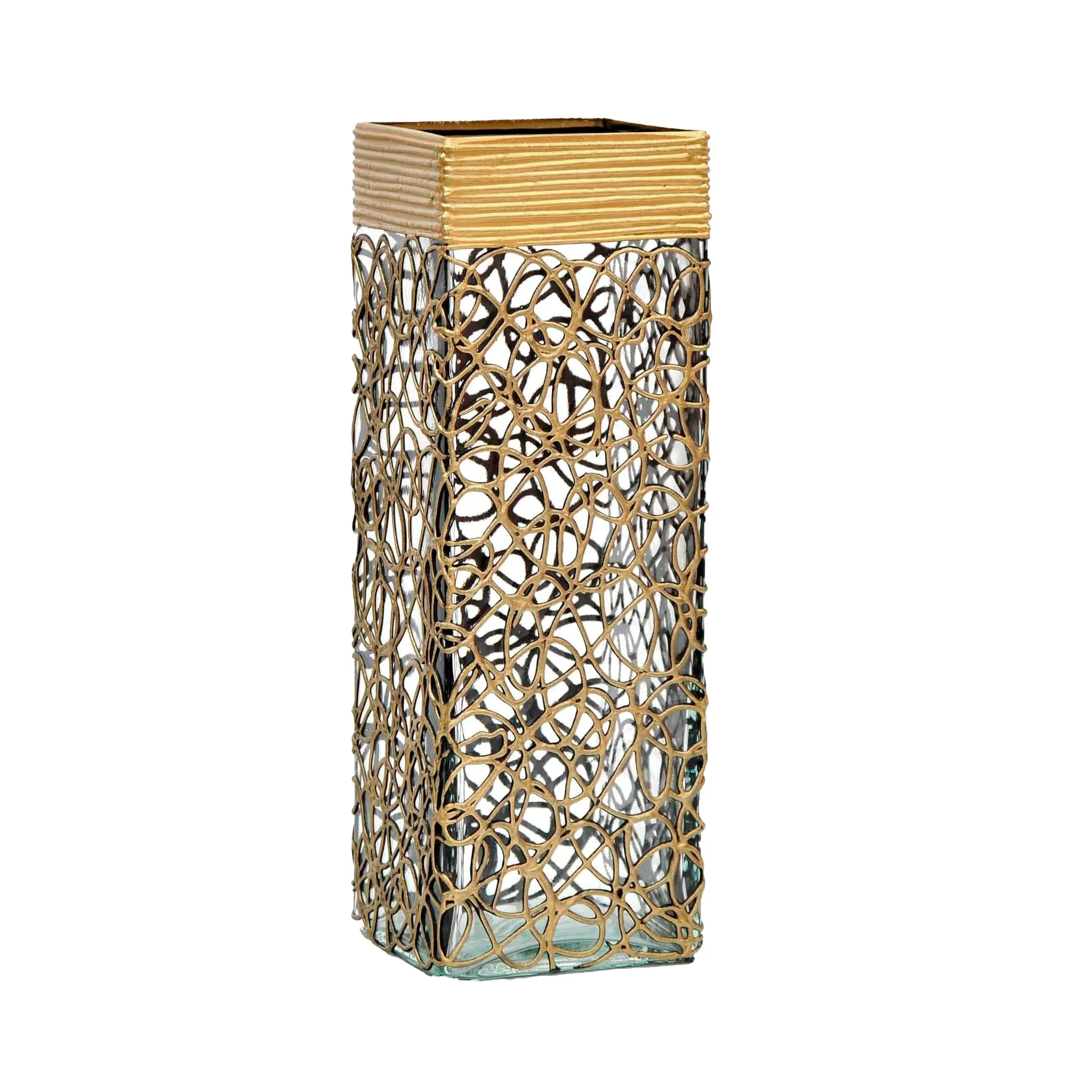 Handpainted Glass Vase - Decorative Home Decor -  Gold Infinity Design - Home Decor - 12 inch Rectangle Tabletop Vase for Floral Arrangements