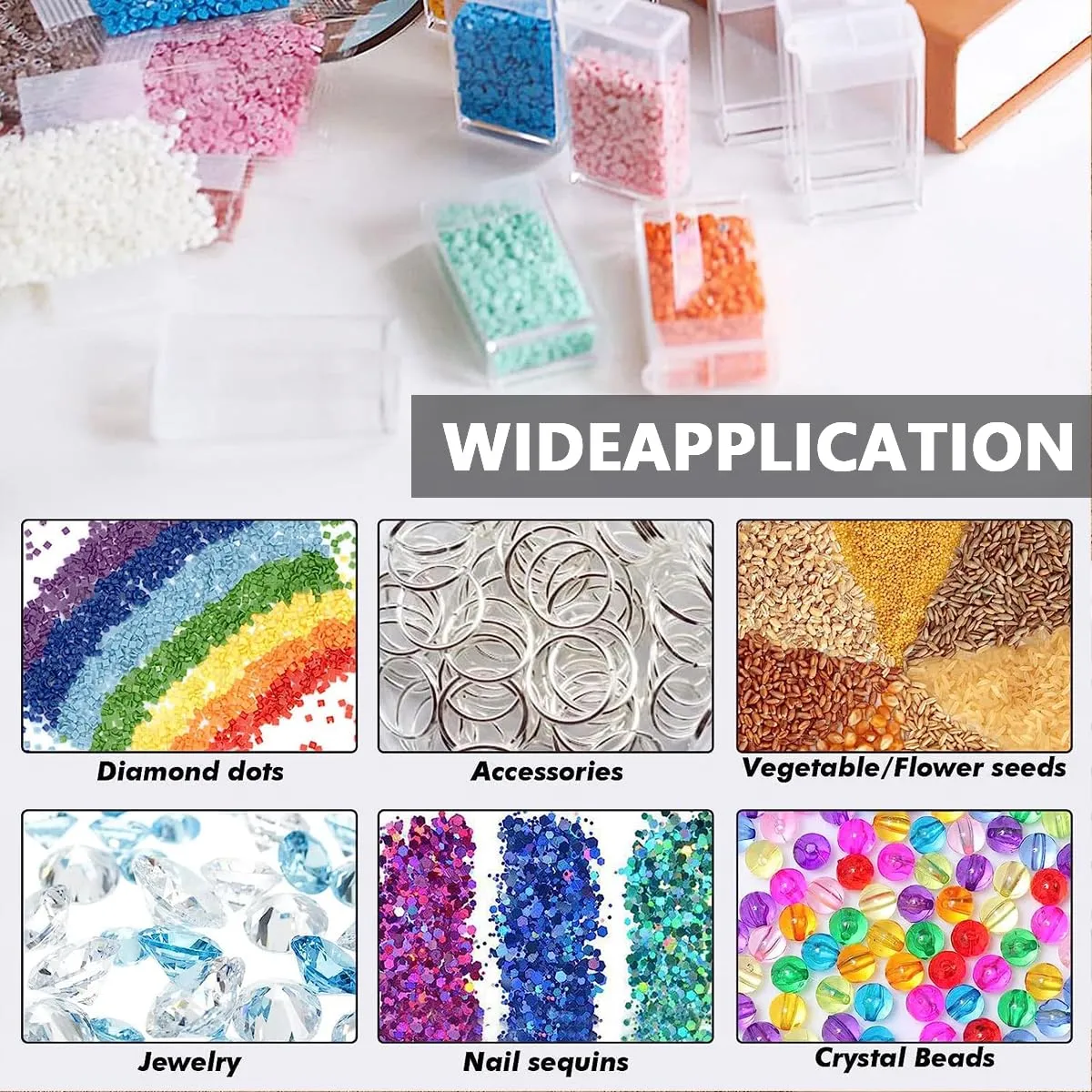 HASTHIP® 64 Grids Diamond Painting Storage Box, Diamond Painting Accessories Storage with Pick Up Pens, Diamond Trays Spoon Tweezers Label Sticker