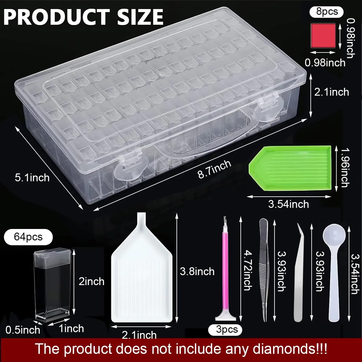HASTHIP® 64 Grids Diamond Painting Storage Box, Diamond Painting Accessories Storage with Pick Up Pens, Diamond Trays Spoon Tweezers Label Sticker