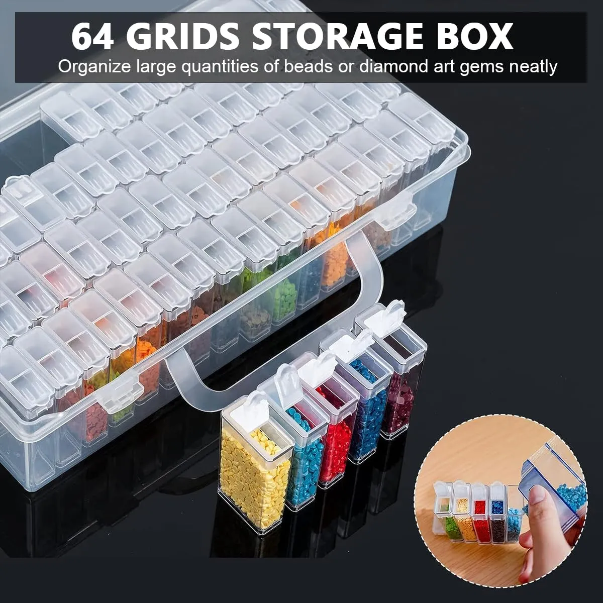 HASTHIP® 64 Grids Diamond Painting Storage Box, Diamond Painting Accessories Storage with Pick Up Pens, Diamond Trays Spoon Tweezers Label Sticker