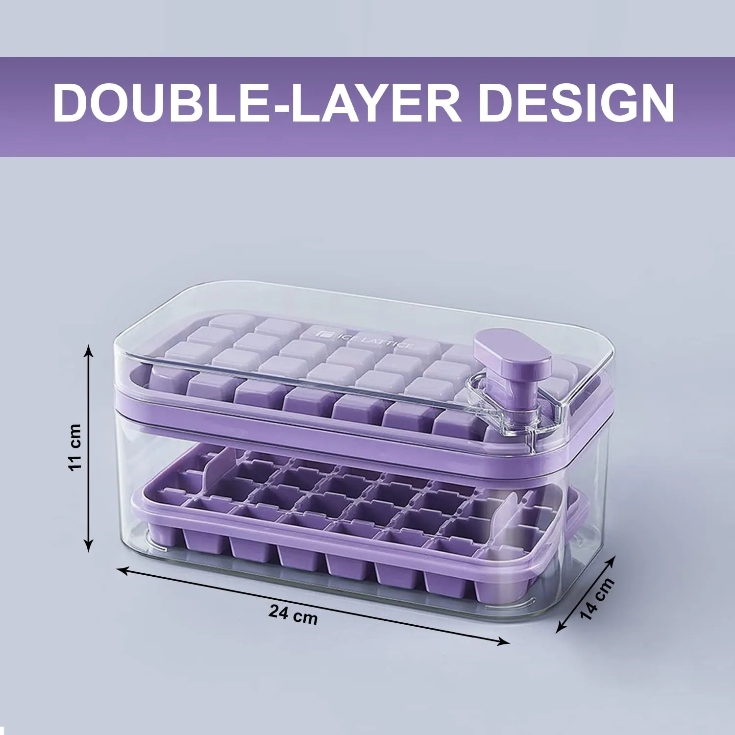 Kuber Industries Pack of 5| 2 Layer Ice Cube Tray with Lid | Ice Cube Storage Box with Ice Scoop | 64 Ice Cube Molds for Freezing | One-Press Demolding | BPA Free | Purple