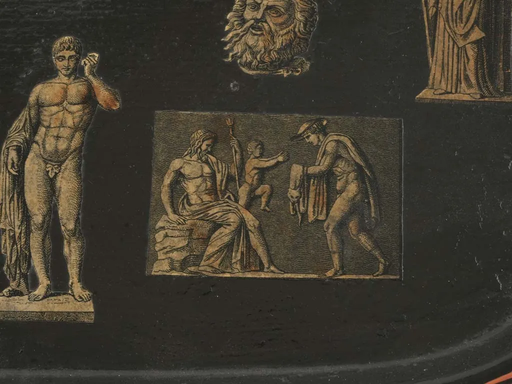 Large Late 19th-Century Arte Povera Tole Tray with Classical Greco-Roman Motifs 31"