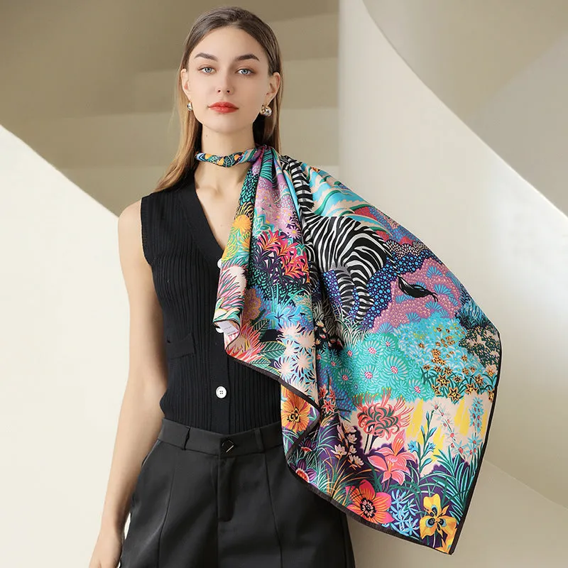 Plant flower simulation silk scarf feminine temperament wild 90 large square scarf zebra print scarf headband