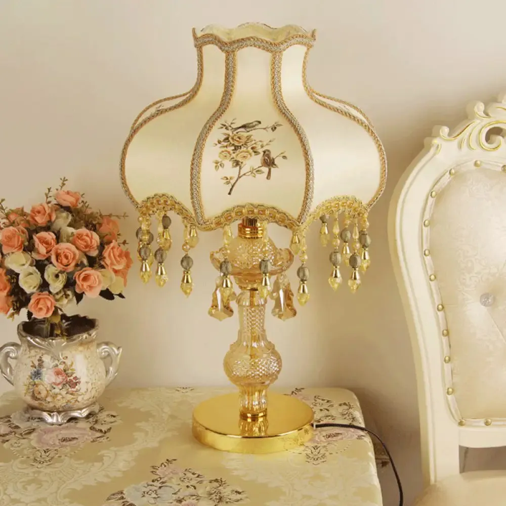 Scalloped Gold Table Light with Crystal Drops - Traditional 1-Head Night Lamp