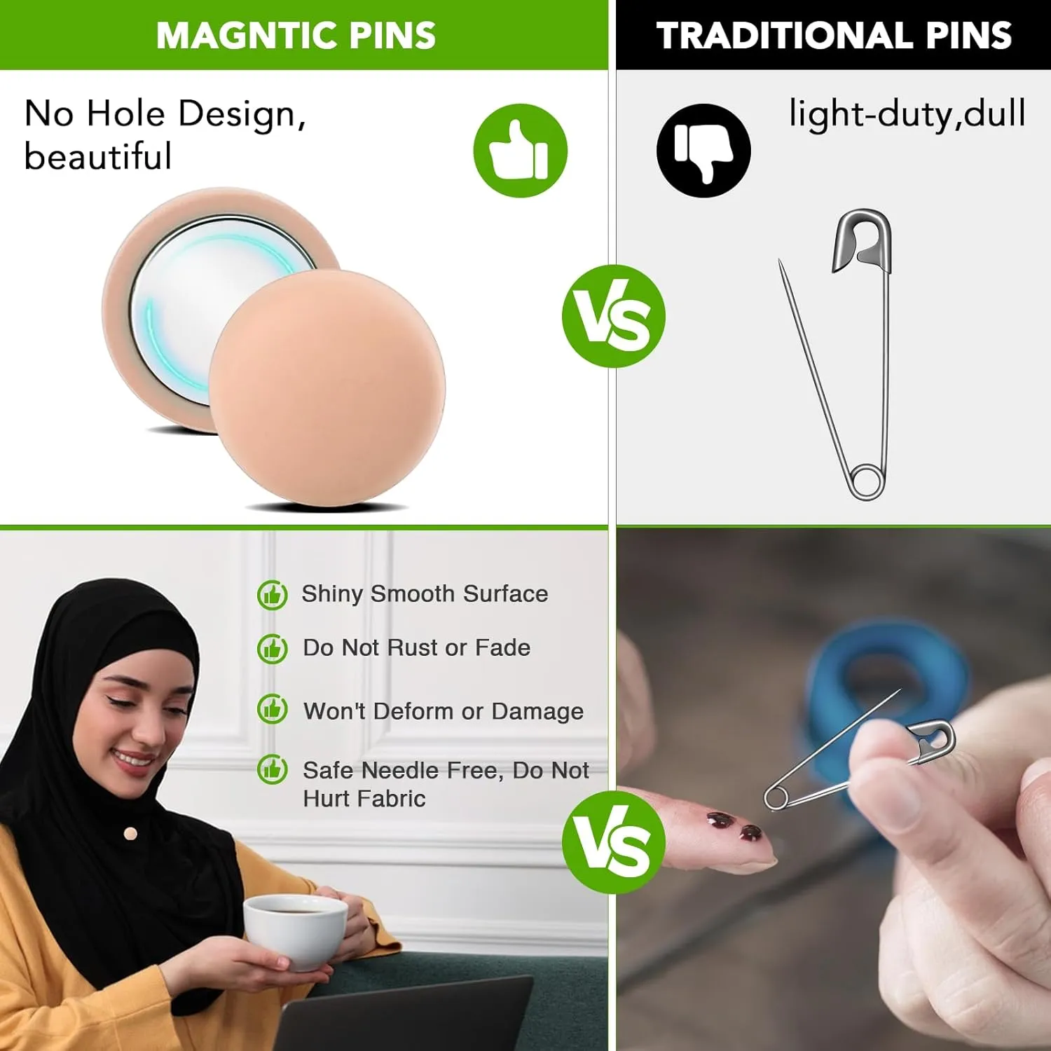 Strong Magnetic Hijab Pins, 4 Pack Powerful Hijab Magnets Multi-Purpose Pinless Hijab Magnetic Pins, Colorful Magnet Pin Scarf Magnetic Pin No-Snag Button Brooch Clasp for Clothing Dress Scarves