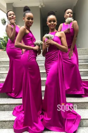 Unique Bateau Fuchsia Satin Long Black Bridesmaid Dress QB3031