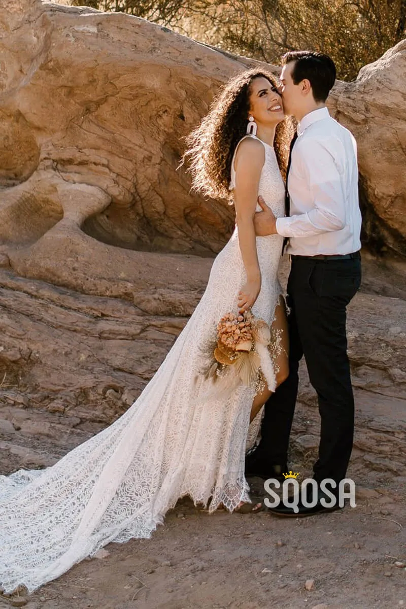 Unique Bateau High Split Exquisite Lace Bohemian Wedding Dress QW2471