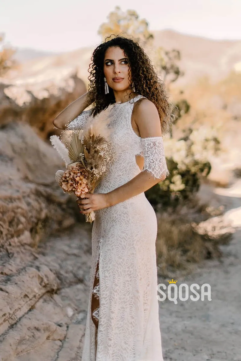Unique Bateau High Split Exquisite Lace Bohemian Wedding Dress QW2471