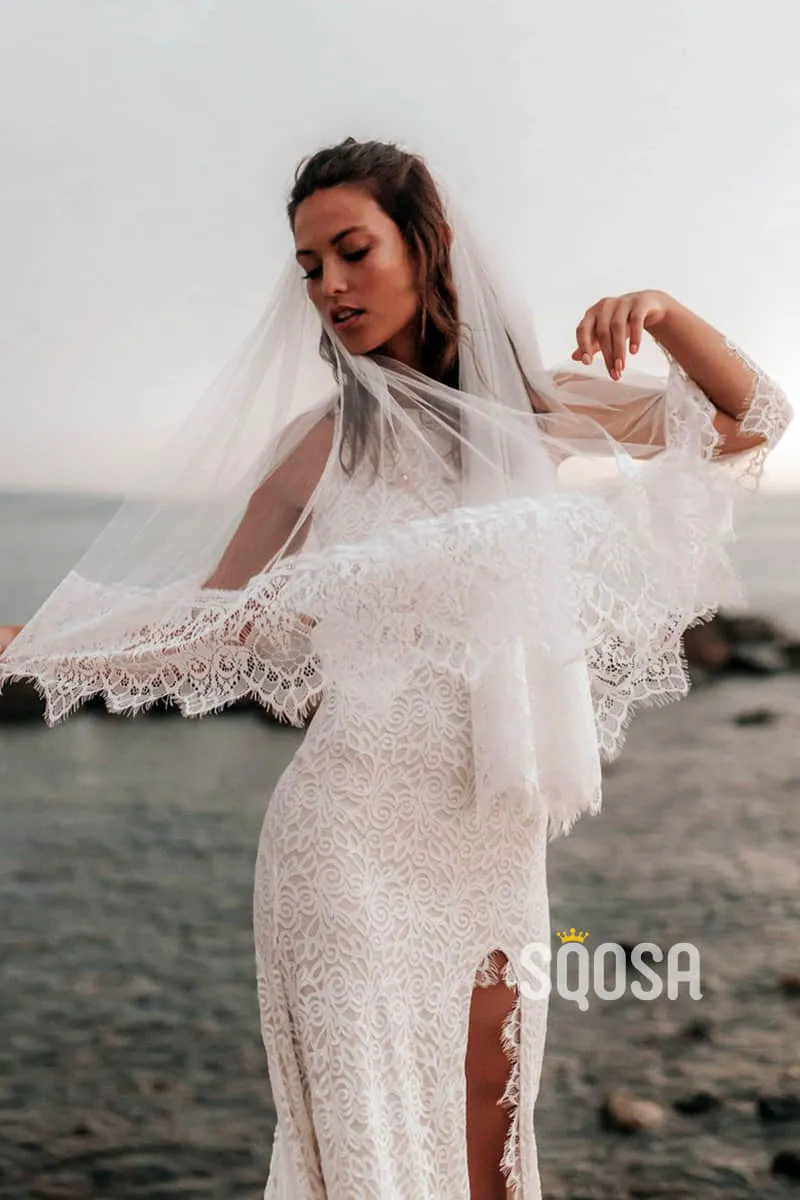 Unique Bateau High Split Exquisite Lace Bohemian Wedding Dress QW2471