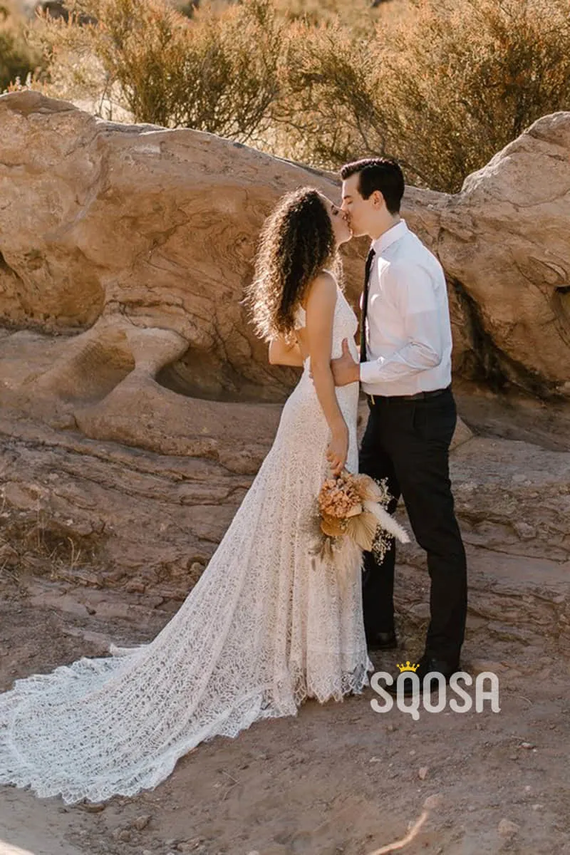 Unique Bateau High Split Exquisite Lace Bohemian Wedding Dress QW2471