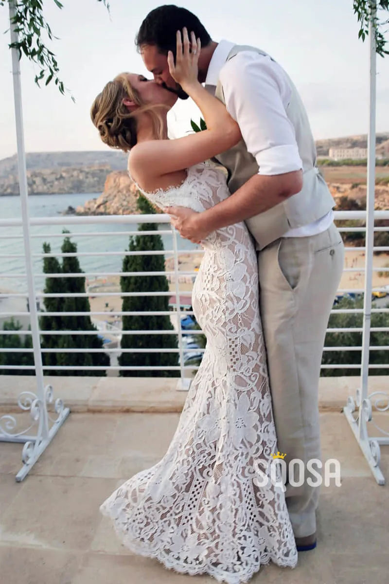 Unique Bateau Neckline Lace Mermaid Wedding Dress QW2452