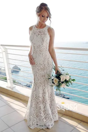 Unique Bateau Neckline Lace Mermaid Wedding Dress QW2452