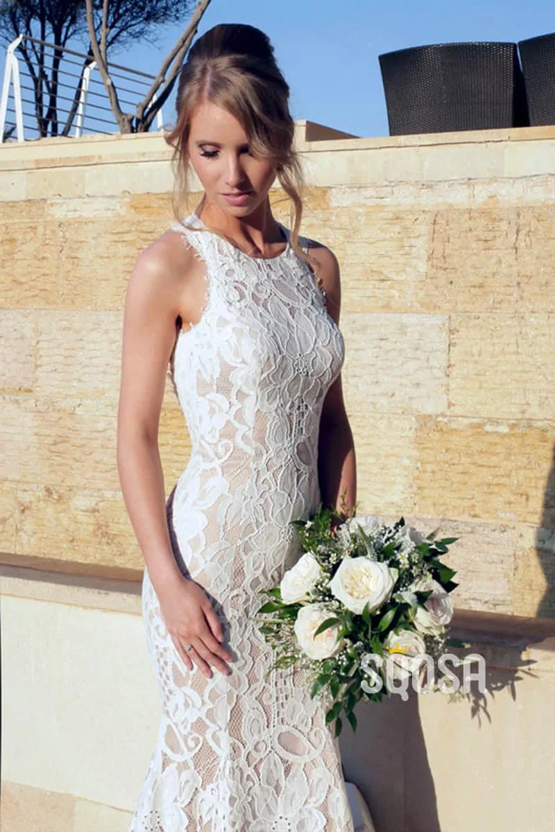 Unique Bateau Neckline Lace Mermaid Wedding Dress QW2452