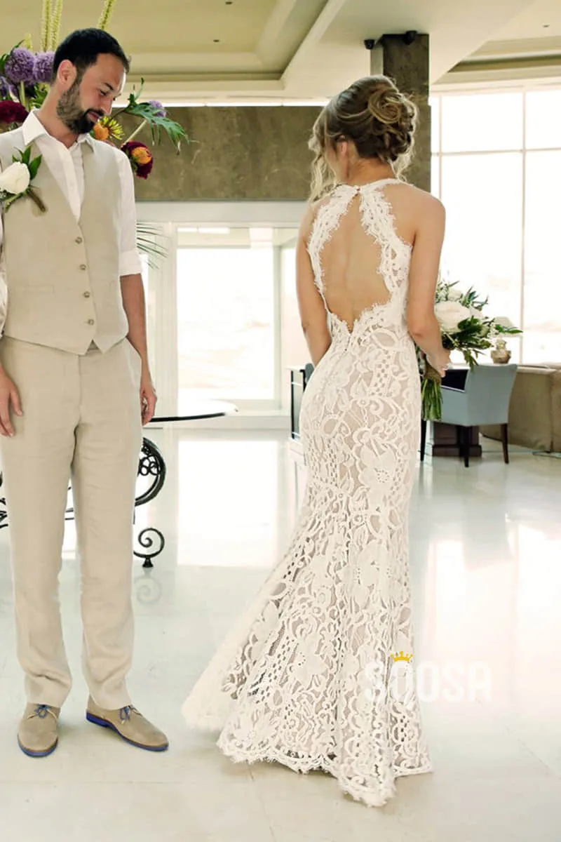 Unique Bateau Neckline Lace Mermaid Wedding Dress QW2452