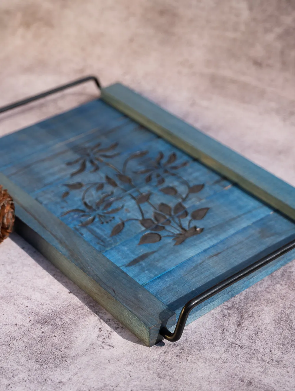 Wood Engraved Floral Tray - Blue Flora
